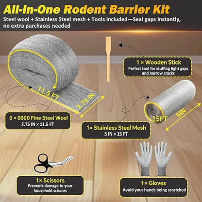 Steel Wool Mice Control - 3 Pack 2.75 in x 11.5 Ft Steel Wool & 1 Pack 5 in x 15 Ft Wire Mesh with Wooden Stick & Gloves & Scissors, Mouse Hole Filler for House Garden Polishing Chrome, Glass