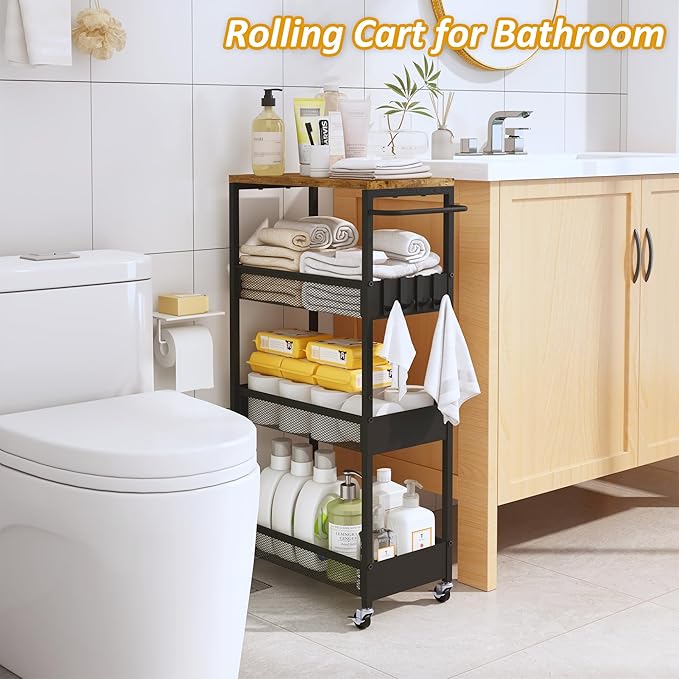 9.1" Wide Slim Rolling Utility Cart, 4 Tier Metal Narrow Storage Cart with Handle and Wood Top, Multifunctional Small Mobile Shelf Unit Organizer Trolley for Laundry, Bathroom, Kitchen