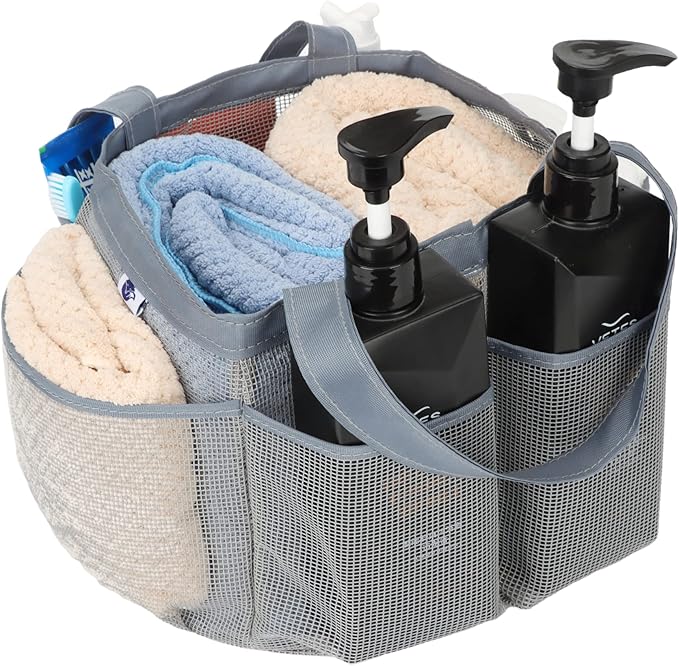 2 Pack Haundry Mesh Shower Caddy Tote Bag Hanging Portable Toiletry Bag College Dorm Essentials Quick Dry Bath Organizer for College Dorms, Gym, Camp for Bathroom Accessories(Grey + Black)