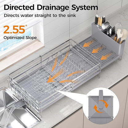 Delamu Stainless Steel Dish Drying Rack, Expandable Dish Drainer, Anti-Rust Large Dish Racks for Kitchen Counter, Dish Strainers with Drainboard, Utensil & Cup Holder, 13.4"-28.7" L x 11.8" W, Grey