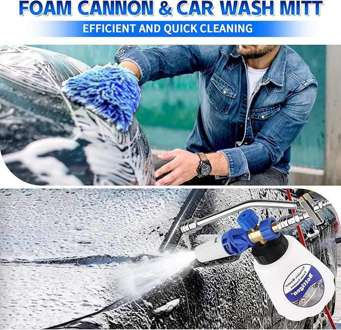 Pressure Washer Foam Cannon with Dual-Connector Tool, Pressure Washer Foam Lance Jet Wash Sprayer with M22-14 and 1/4 Inch Quick Connect, Adjustable Soap Dispenser, 1 Liter, 1/4 Double Tip Attachment