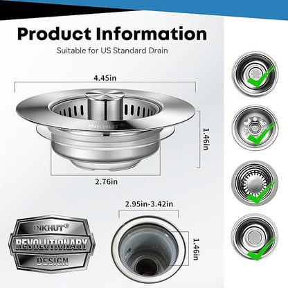 Upgraded 3 in 1 Kitchen Sink Drain Strainer - Stainless Steel Sink Stopper, Anti-Clogging Food Catcher Basket, Sink Bounce Core Drain Strainer Plug for US Standard 3 1/2 inch Drain (Mirror Silver)