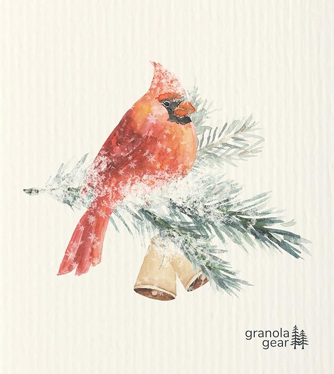 Home by GranolaGear-Christmas Swedish Dishcloths for Kitchen 6-Pack Reusable Paper Towels, Eco-Friendly, Compostable, Biodegradable Dish Wash Cloth Sponge, Holiday Watercolor Snow Art-Winter Cardinal