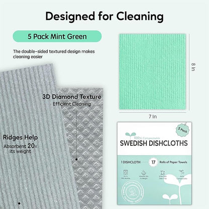 Swedish Dishcloths for Kitchen, 5 Pack Swedish Dish Cloths, Ultra Absorbent Reusable Paper Towels, Cellulose Sponge Cloths, Quick Drying, No Odor, Dishwasher Safe Mint Green