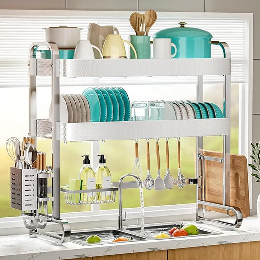 HOWDIA 3-Tier Over The Sink Dish Drying Rack, 304 Stainless Steel Dish Rack with Honeycomb Design, Cutlery Holder & Chopping Board Rack, 33.86” x 11.81” x 33.07” for Maximum Kitchen Storage
