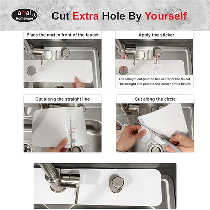 Faucet Mat for Kitchen Sink Offset : AHA HOMEWARE Kitchen Sink Splash Guard for Offset Double Sink, Cuttable Extra Hole for Soap Dispenser, Diatomite Leather Absorbent Fast Drying (Dark Gray)