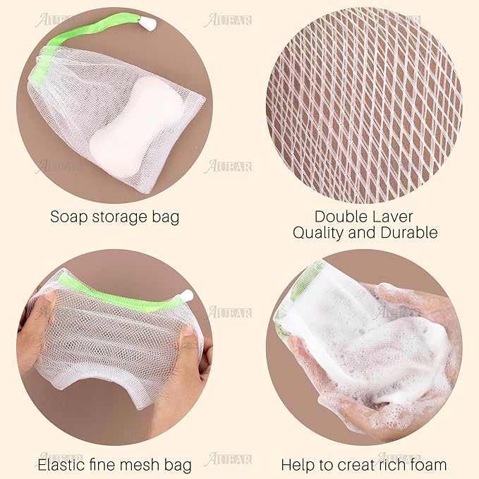 AUEAR, 20 Pack Handmade Soap Exfoliating Mesh Pouch Saver Bag Double Layer Bubble Foam Net Drawstring Holder (Assorted Colors)