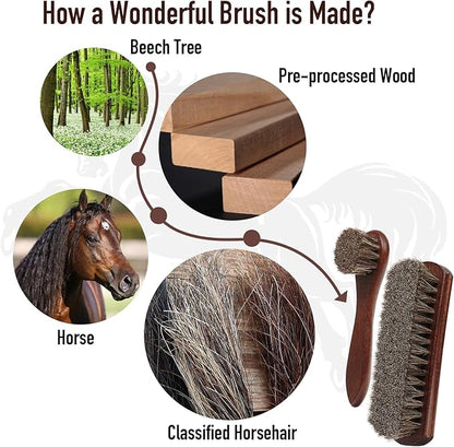 3-Piece 100% Horse Hair Shoe Brush Kit Premium Dauber Applicators Leather Care Cleaning Set with Polishing Brushes and Microfiber Cloth for Leather Suede Shoes Boots Bags Cars Cleaning Polishing