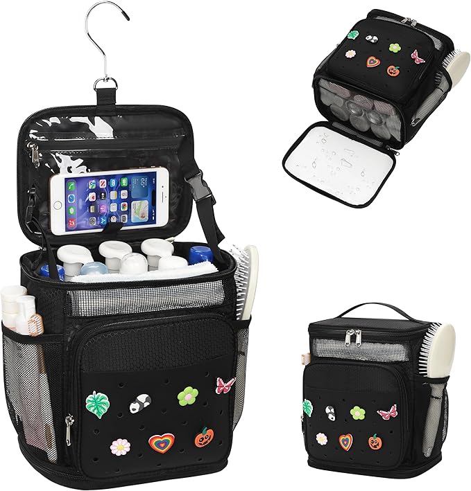 Shower Caddy Portable, Hanging Shower Caddy for College Dorm Room Essentials, Mesh Shower Bag with DIY Decoration Charms, Large Capacity Toiletry Bag for Gym, Swiming, Camping, Bathroom, Beach, Travel