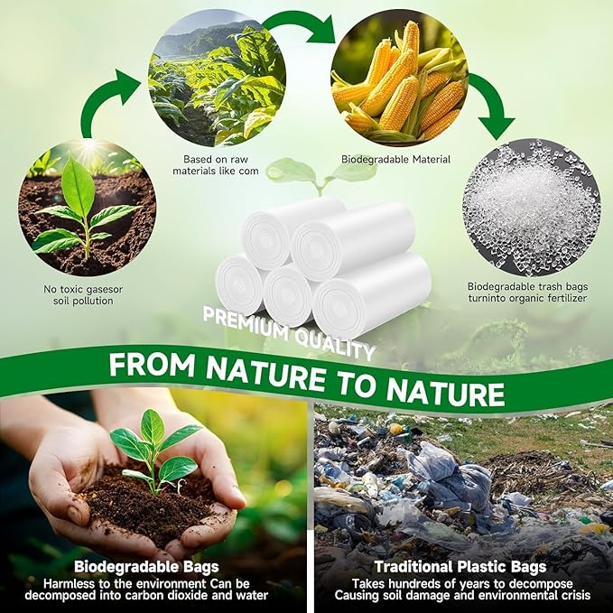 Compostable Mini Trash Bags 2.6 Gallon - Inwaysin Biodegradable Tiny Garbage Bag Unscented Leakage-Proof Strong Thick Trash Can Liners for Kitchen Office (5 Rolls, 200 Count, Clear White)