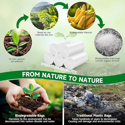 Biodegradable 6 Gallon Trash Bags Unscented - 200 Counts Compostable Medium Size Garbage Bags Durable & Strong Bulk Clear White Waste