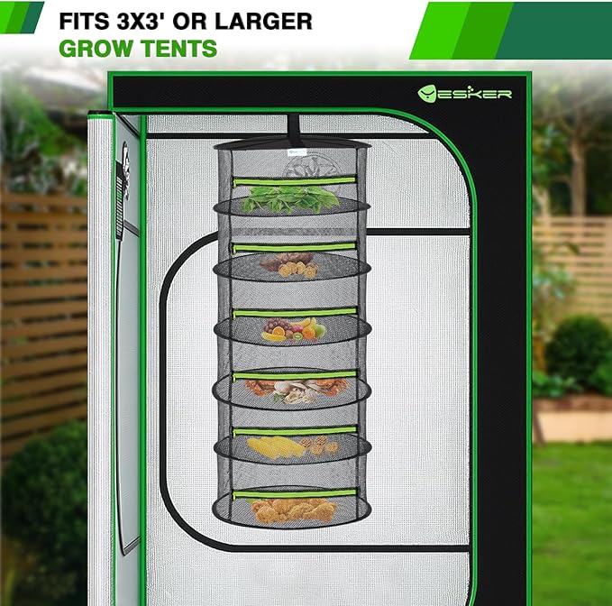 Yesker 6 Layer Herb Drying Rack Hanging Mesh Net Foldable Plant Drying Racks 24" w Green Zipper Pruning Shears Hook Dryer Hanging Rack for Herbs Seed Bud Fruit Clothes Grow Tent Closets Garden Outdoor