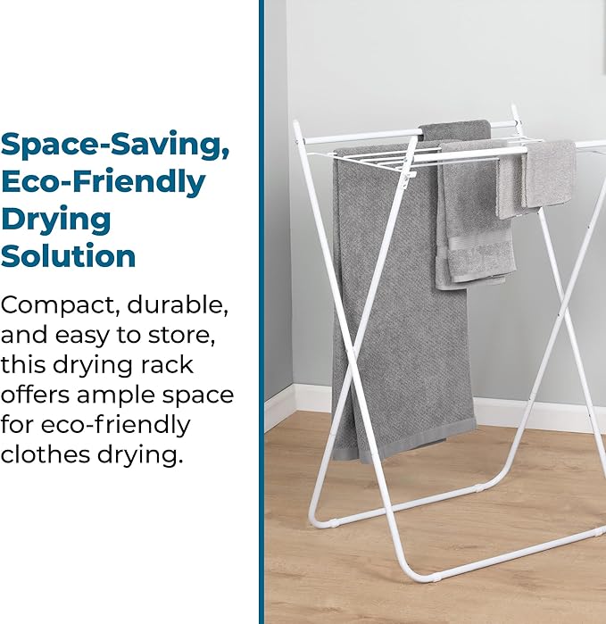 Honey-Can-Do Easy-Fold Collapsible Clothes Drying Rack, Sturdy Metal Laundry Rack Holds 40 lbs, Space-Saving Foldable Towel Rack for Indoor Outdoor Use, Non-Skid Feet, White