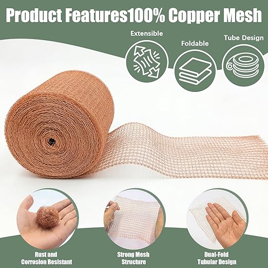 Copper Mesh Rodent Control, 5" x 100 ft Rustproof Copper Mesh Roll 100% Premium Copper Wool for Sealing Holes, Blocks Slugs, Snails, Mice & Pests – with Scissors, Gloves Shovel & 8PCS Lawn Staples