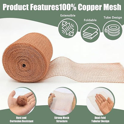 Copper Mesh Rodent Control, 5" x 100 ft Rustproof Copper Mesh Roll 100% Premium Copper Wool for Sealing Holes, Blocks Slugs, Snails, Mice & Pests – with Scissors, Gloves Shovel & 8PCS Lawn Staples
