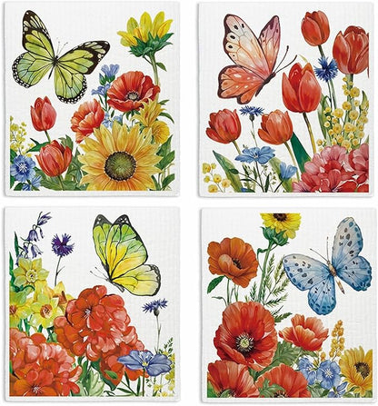 Swedish Dishcloths for Kitchen, Butterfly Floral Summer Dish Rags Kitchen Dish Towels for Washing Dishes, 4 Pack Reusable Paper Towels, Sponge Cloths for Home Cleaning Baking Cooking