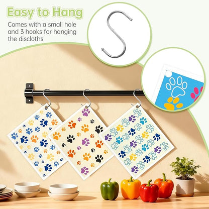 Swedish Dishcloths for Kitchen, 5 Pack Dog Paw Reusable Paper Towels with 3 Hooks, Washable Dish Cloth Set, Absorbent Cleaning Cloth for Home Washing Dishes Housewarming Gifts for Friend