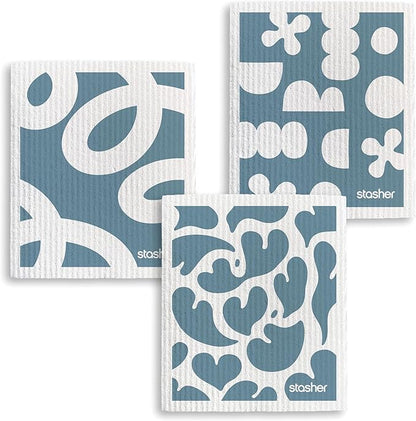 Stasher Swedish Dishcloths for Kitchen, 3-Pack Reusable Dish Cloths, Super Absorbent, Soft, Washable, Biodegradable, Paper Towel Alternative, Quick Drying, Dishwasher Safe, Geometric Print, 7" x 8"