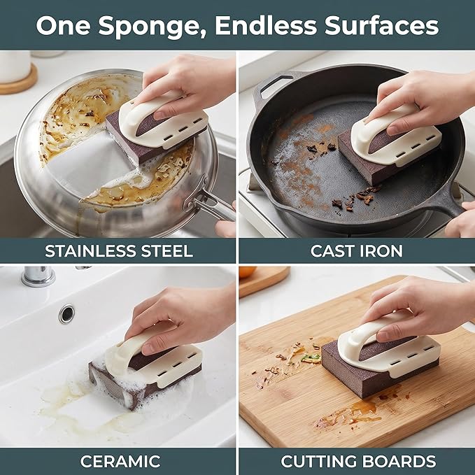 Magic Emery Cleaning Sponge, 2026 New Nano Carborundum Sponge Eraser, Heavy Duty Pot Scrubber Scouring Pad for Stainless Steel Pans, Kitchen Rust & Grease Remover (4 Sponges with Handle)