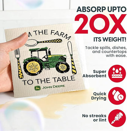 Wet-It! John Deere 2-Pack Sponge Cloths for Farmhouse Kitchen Décor, Absorbent Dishcloths for Cooking, Cleaning & Baking, Rustic Country Design for Everyday Use (Farm to Table)