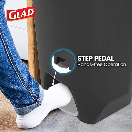 Glad 13 Gallon Trash Can with Clorox Odor Protection, 2 Pack | Plastic Kitchen Waste Bin | Hands Free with Step On Foot Pedal and Garbage Bag Rings, Charcoal