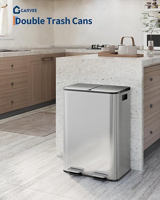 OUTLANE 2 X 8 Gal Stainless Steel Double Trash Can with Lid, Dual Compartment Step-on Kitchen Garbage & Recycle Bin, Metal Waste Bin with Removable PP Buckets, Liner Rim, Silver