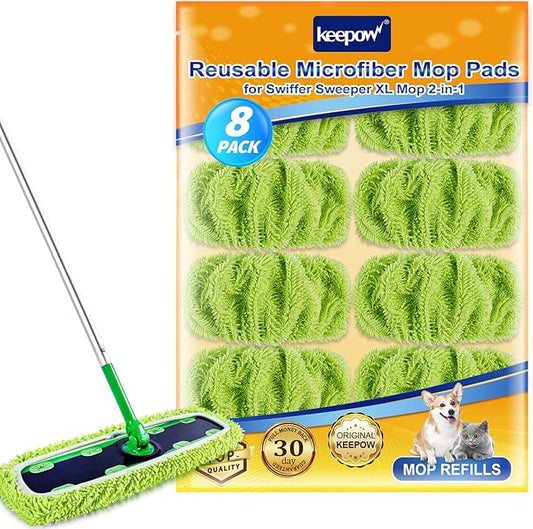 KEEPOW Reusable XL Mop Pads Compatible with Swiffer XL Sweeper, XL Dry Sweeping Cloths, XL Wet Mopping Cloths, Washable Microfiber XL Wet Pads Refills for Surface/Hardwood Floor Cleaning, 8 Pack