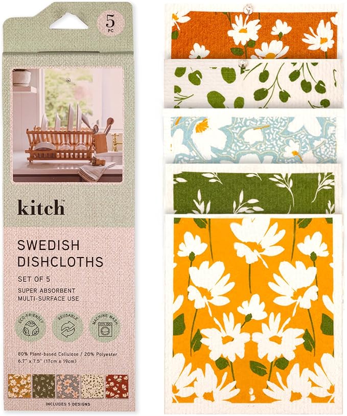 Swedish Dishcloths, Super Absorbent Multi-Surface Cleaning Cloths, Blue Floral Print, 80% Cellulose, 6.7x7.5 Inch, Set of 5 Designs
