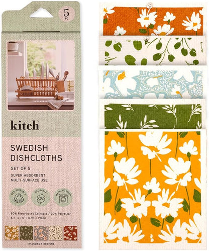 Swedish Dishcloths, Super Absorbent Multi-Surface Cleaning Cloths, Blue Floral Print, 80% Cellulose, 6.7x7.5 Inch, Set of 5 Designs