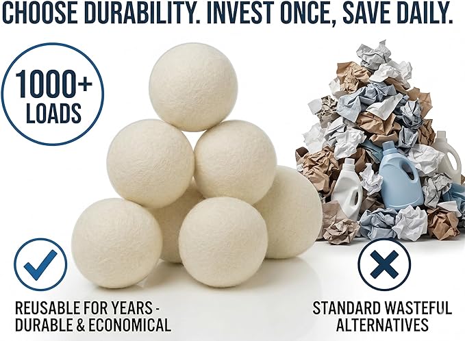 XL Wool Dryer Balls (6-Pack) - 100% Organic New Zealand Wool Laundry Balls for Dryer - Natural Fabric Softener & Reusable Anti Static Solution to Reduce Wrinkles & Shorten Drying Time