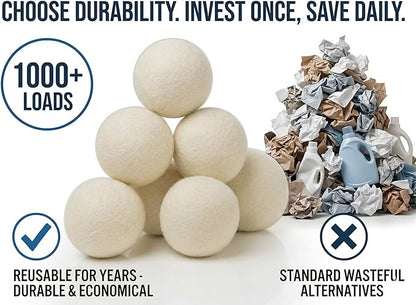 XL Wool Dryer Balls (6-Pack) - 100% Organic New Zealand Wool Laundry Balls for Dryer - Natural Fabric Softener & Reusable Anti Static Solution to Reduce Wrinkles & Shorten Drying Time