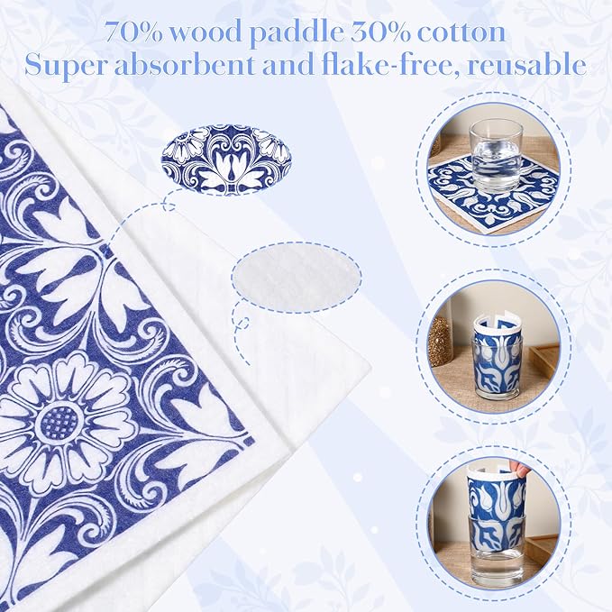 ElevateTech 6Pcs Swedish Dishcloths for Kitchen, Reusable Absorbent Hand Towels Cute Pattern Decorate Washable for Cooking Kitchen Home Decoration Housewarming Gift Blue