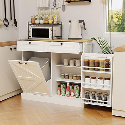 RASOO Trashcan Cabinet for Kitchens 10 Gallons Tilt Out Trash Recycling Cabinet with Hideaway Drawers, 1 Door with Storage Rack for Laundry Room, Pantry, Kitchen, White