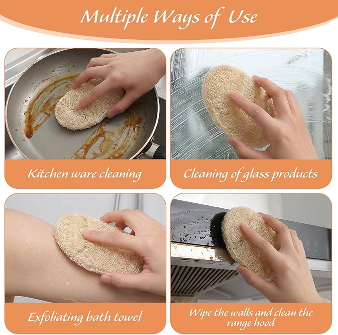 3 Pcs Natural Loofah Dish Sponge, 12X8 CM Loofah Kitchen Sponge, Oval Shape Loofah Sponge for Dishes, Eco Friendly for Non-Stick Cookware and Kitchen Deep Cleaning
