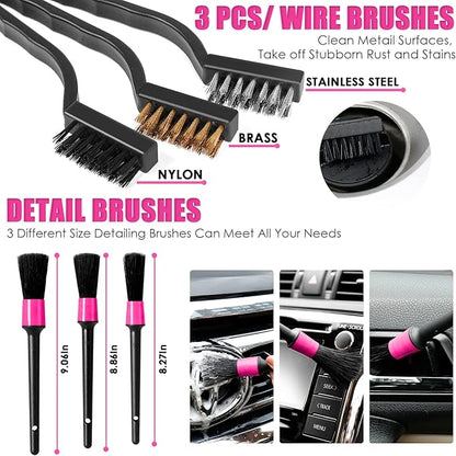 20PCS Car Cleaning Kit, Pink Car Interior Detailing Kit with Drill Brush Set, Windshield Cleaning Tool, Detailing Brushes, Wire Brushes, Cleaning Gel, Complete Cleaning Supplies for Women