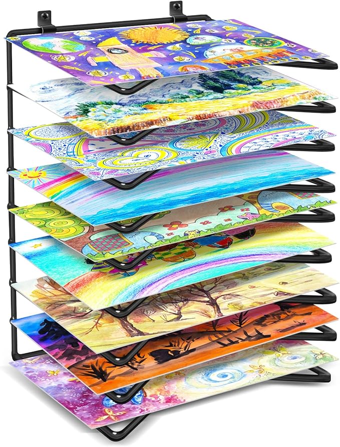 Vowcarol 2 Pack Art Drying Rack for Classroom, 9 Shelves Paint Drying Racks Wall Mount and Desktop Stand