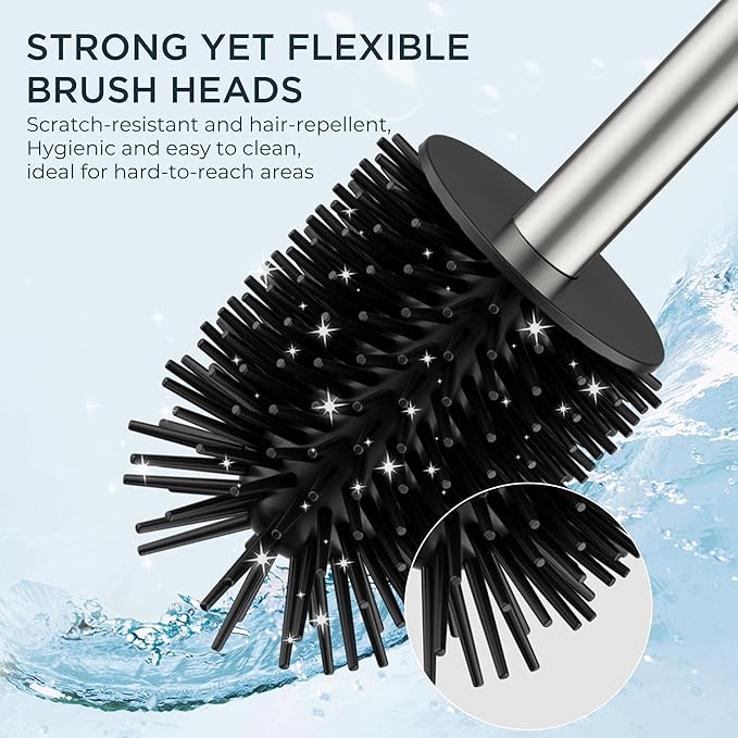 FORIOUS Toilet Brush and Holder Set, SUS304 Stainless Steel Square Base, Extended Long Handle, Drip-Proof & Space Saving, 2 Replaceable Brush Heads, Plastic & Silicone Dual Brush Head, Brushed Nickel