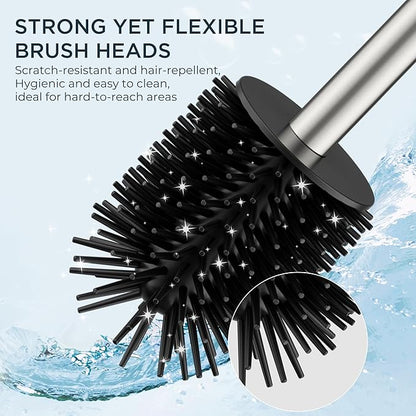 FORIOUS Toilet Brush and Holder Set, SUS304 Stainless Steel Square Base, Extended Long Handle, Drip-Proof & Space Saving, 2 Replaceable Brush Heads, Plastic & Silicone Dual Brush Head, Brushed Nickel