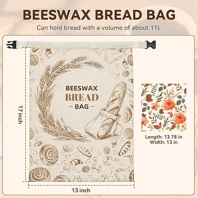 2 Pack Reusable Beeswax Bread Bags for Sourdough Homemade Bread, 17x13-Inch Cotton Storage Bags with Lock Closure, Fresh-Keeping for Fridge, Freezer & Daily Use(2 pack bread bag and 1 wraps)