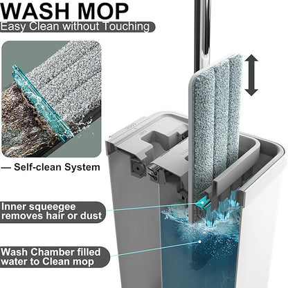 BOSHENG Mop and Bucket with Wringer Set, Flat Floor Mop and Bucket, with 2 Mops and 4 Microfiber Cleaning Cloths for Floor Cleaning, Wet and Dry Use