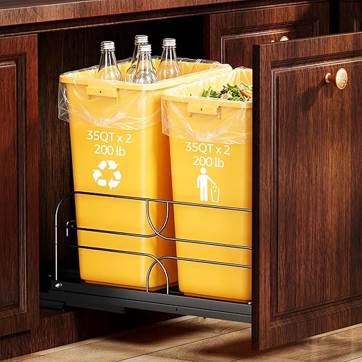 Double Pull Out Trash Can Under Cabinet with Soft-Close Slides, 200LB Heavy-Duty Black Under Sink Trash Can Pull Out for Kitchen, Fits Minimum Cabinet Opening 16" W x 23" D, Can Not Included