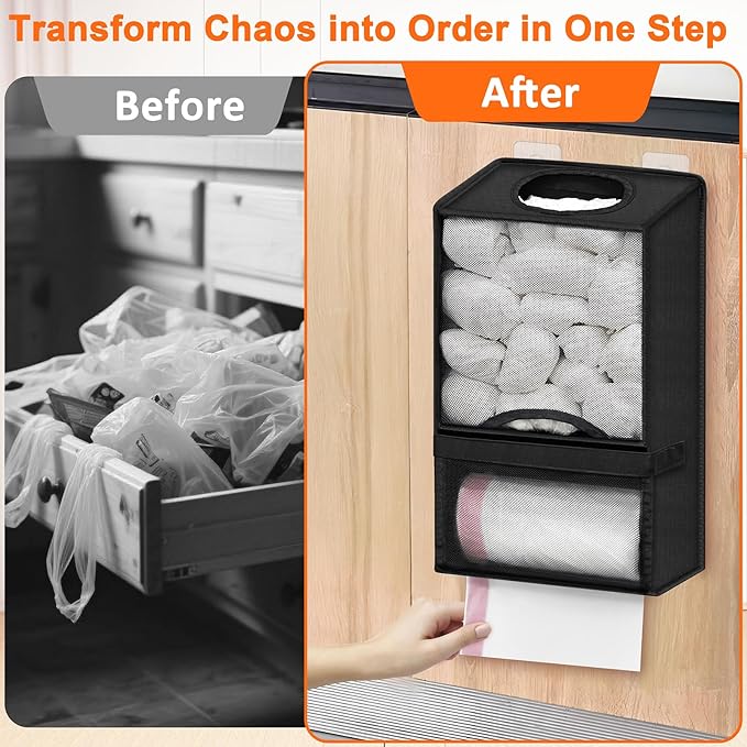 Plastic Bag Holder for Grocery Bags - Large Wall Mount Grocery Bag Holder with Dispenser for Kitchen, Oxford Cloth 2-in-1 Space-saving Plastic Bags Organizer, Black