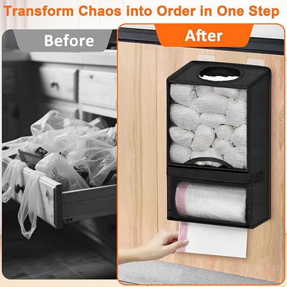 Plastic Bag Holder for Grocery Bags - Large Wall Mount Grocery Bag Holder with Dispenser for Kitchen, Oxford Cloth 2-in-1 Space-saving Plastic Bags Organizer, Black