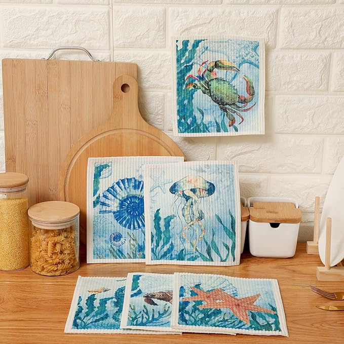 Remagr 6 Pcs Swedish Kitchen Dish Towels Kitchen Cloths Reusable Sponge Cleaning Cloths Absorbent Dish Cloth Quick Drying Washable Cleaning Wipes No Odor Hand Towel (Marine Life)
