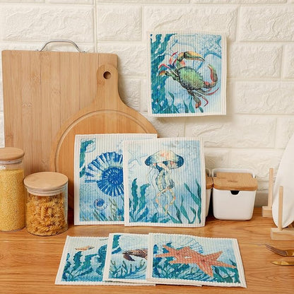 Remagr 6 Pcs Swedish Kitchen Dish Towels Kitchen Cloths Reusable Sponge Cleaning Cloths Absorbent Dish Cloth Quick Drying Washable Cleaning Wipes No Odor Hand Towel (Marine Life)