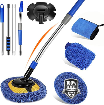 SLIIMU Max 66'' Car Wash Brush with Long Handle & 15° Curved Extension Pole, Microfiber Soft Car Wash Mop Cleaning Tool Kit Include Replacement Head, Towel, Mitt for Clean RV SUV Truck