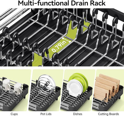 Urackify Stainless Steel Dish Drying Rack - Dish Drainer for Kitchen Counter, Extendable Drainboard with Foldable, Space-Saving Cup & Bowl Organizer, Includes Knife and Utensil Holder, Black