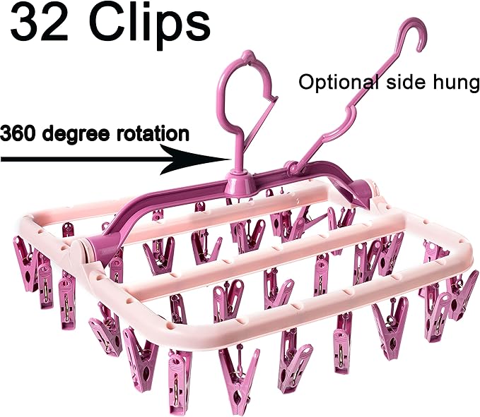 Foshine Clothes Drying Racks Foldable Clip Hangers Plastic with 32 Drying Clips Wind-Proof Hook Underwear Hanger for Socks Bras (Pink)