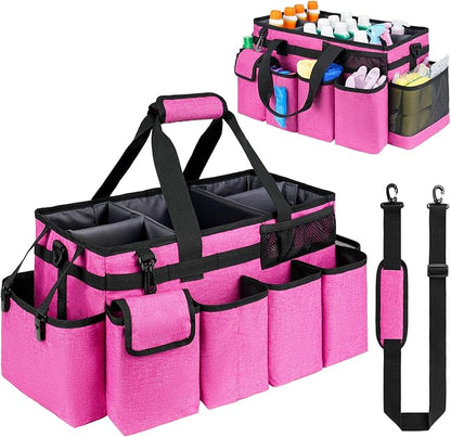Cleaning Caddy Bag,Extra Large Cleaning Supplies Organizer with Handle for Housekeepers,Rose Red
