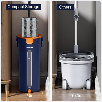 HoMettler Mop and Bucket Set with Wringer, 3-Tank Flat Mop and Bucket System, Wall Mop Cleaner with Long Handle, Hands Free Mops for Floor Cleaning with 8 Microfiber Pads